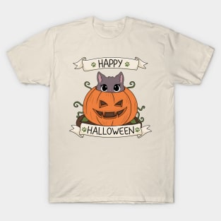 Cute Cat in Pumpkin - Halloween T-Shirt